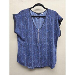 Black Tape Blouse Womens XL Blue Geometric Zip Front Short Sleeve Shirt Top